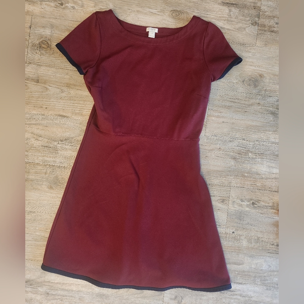 J. Crew Burgundy Short Sleeve Fit-and-Flare Dress with Black Trim